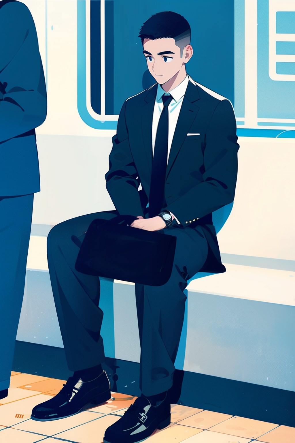 05367-1014533060-kk-boy, 1boy, male focus, package, (bag in hand_1.5), On the subway, Short black hair, solo, sitting, watch, A lean body, pants,.png
